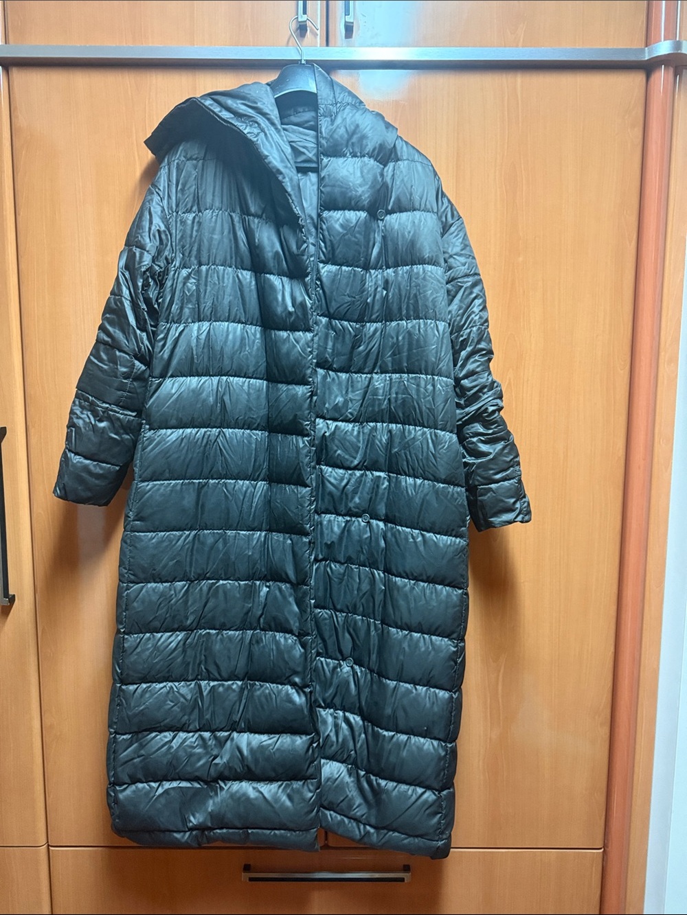 Black Long Puffer Coat with Hood - Women